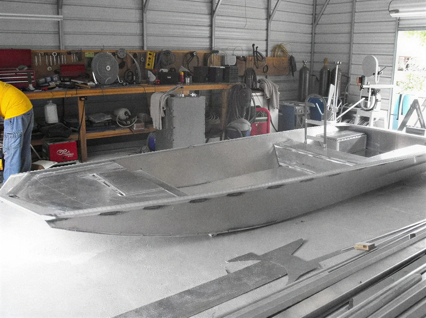 Aluminum hull and welded floor under construction in the EMF workshop